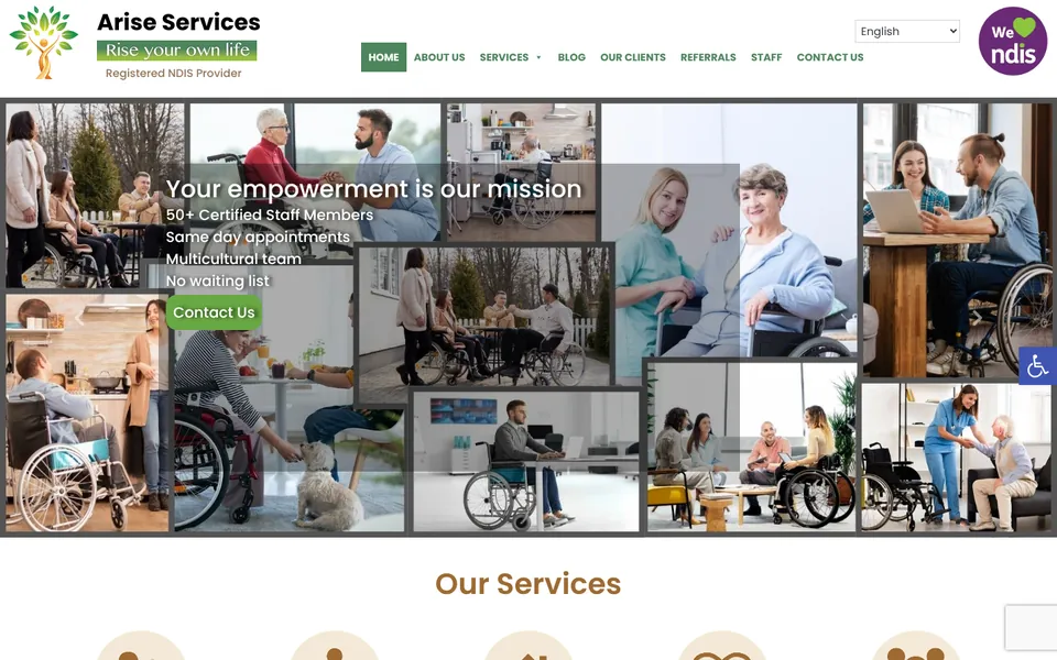 Arise Services website homepage